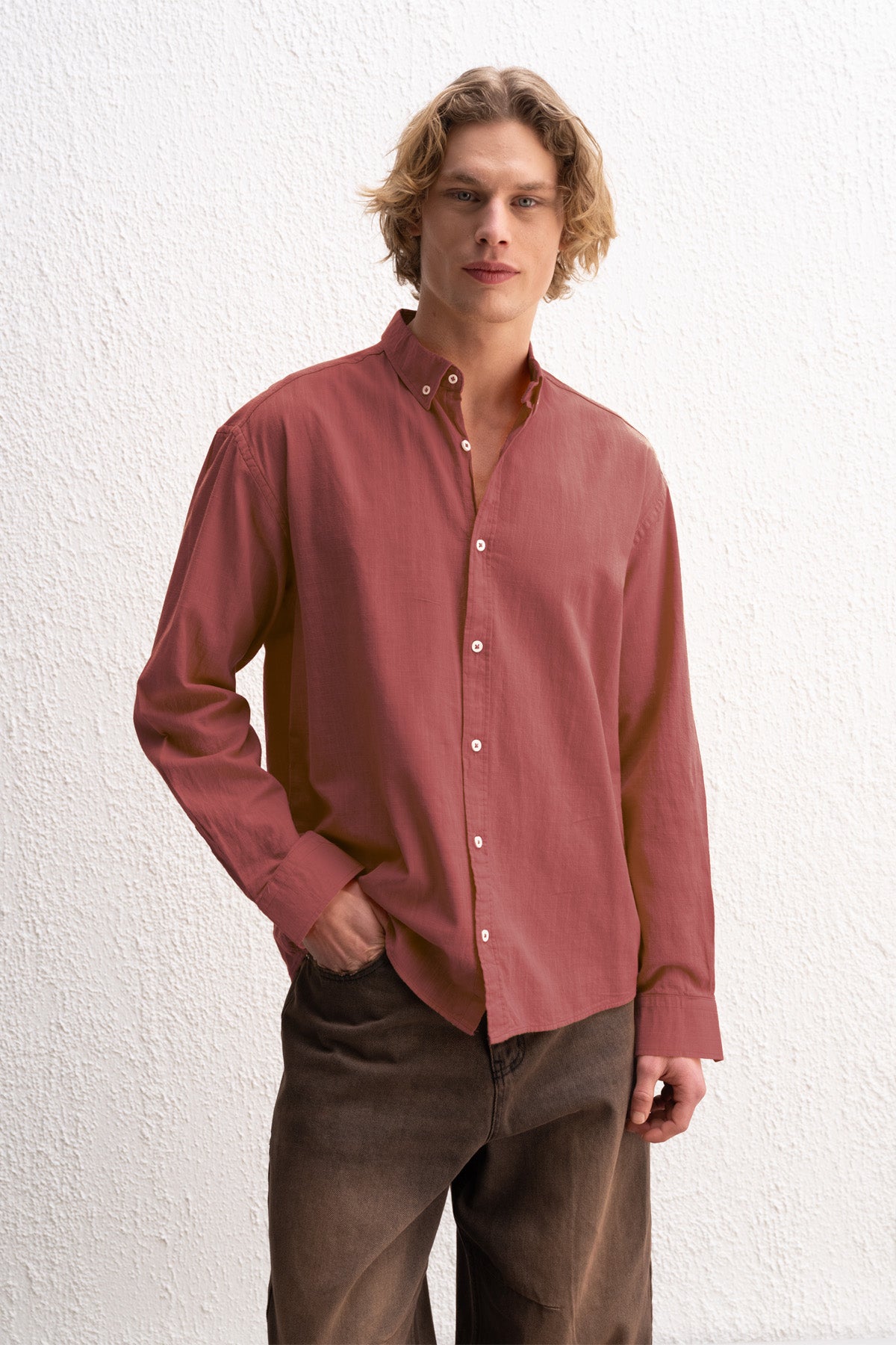 OVERSIZE FRESH KETEN BORDO GÖMLEK