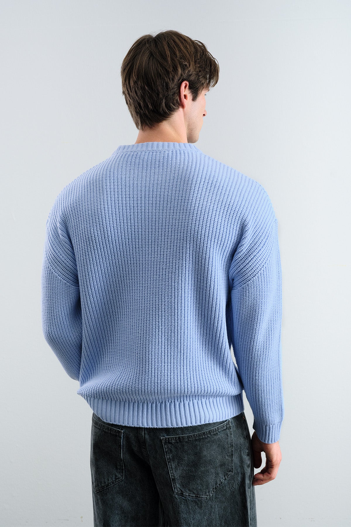 REGULAR FIT FİTİLLİ MAVİ TRİKO KAZAK