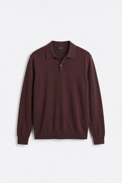 LONG SLEEVE POLO NECK BROWN KNIT T-SHIRT - 4