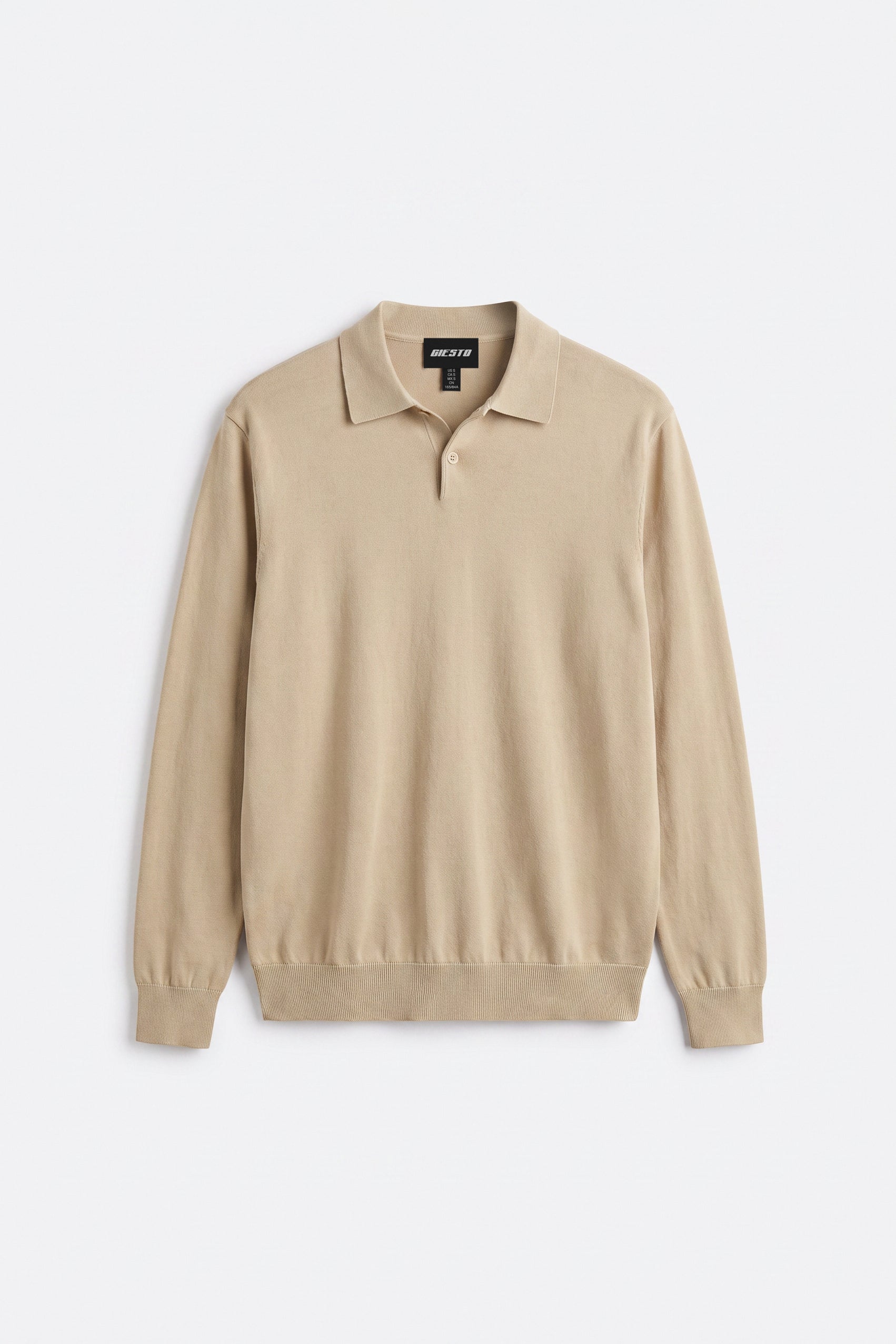 Long Sleeve Polo Neck Beige Knit T-Shirt