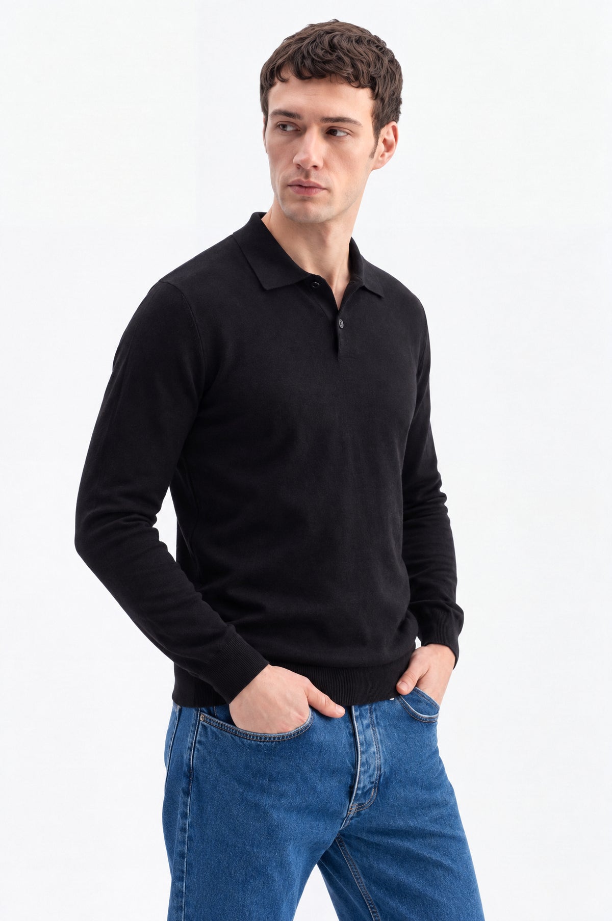 UZUN KOL POLO YAKA SİYAH TRİKO T-SHIRT - 1
