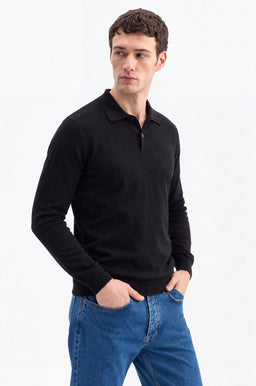 Uzun Kol Polo Yaka Siyah Triko T-Shirt