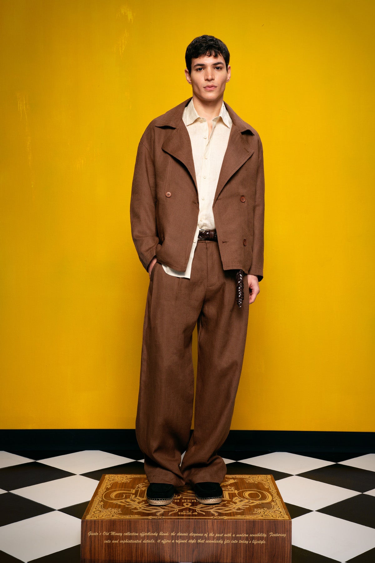 100% LINEN DOUBLE-BREASTED BROWN JACKET