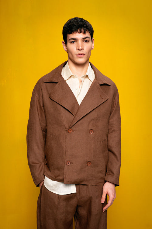 100% LINEN DOUBLE-BREASTED BROWN JACKET