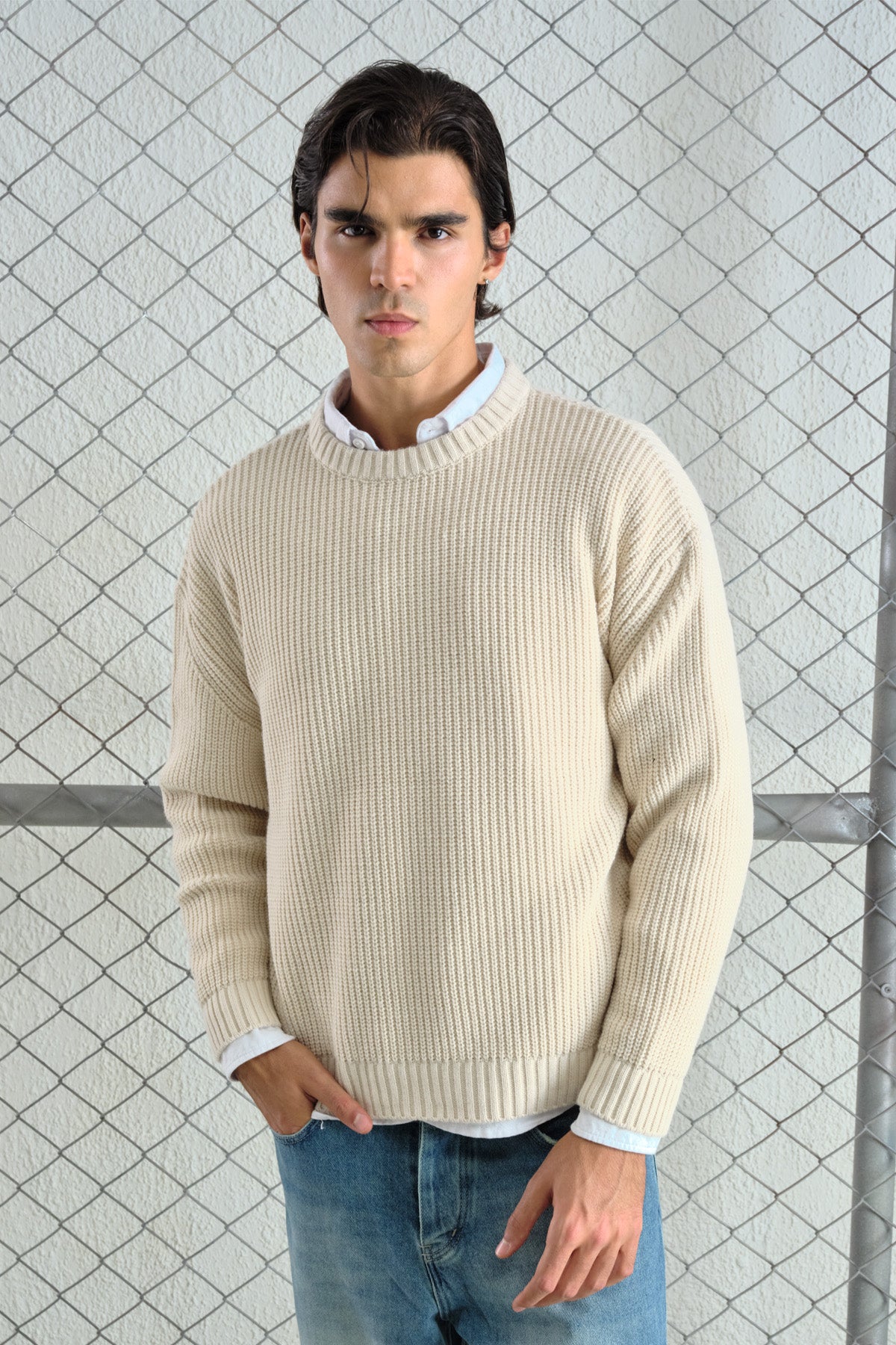 LOOSE FIT TEXTURED RIBBED ECRU KNITTED SWEATER