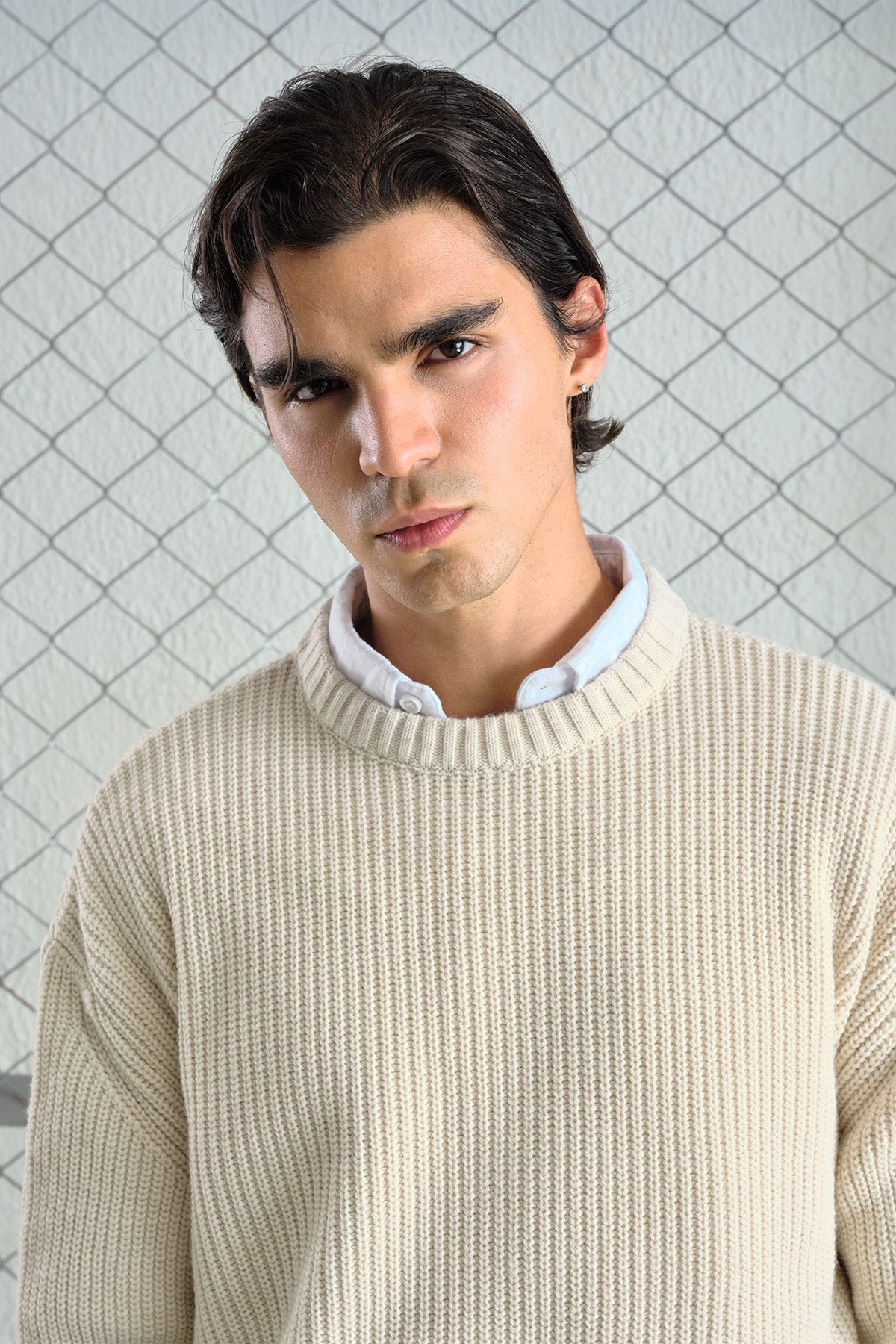LOOSE FIT TEXTURED RIBBED ECRU KNITTED SWEATER