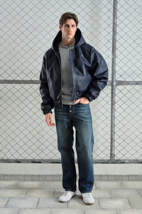 HOODED NAVY LEATHER JACKET - 1
