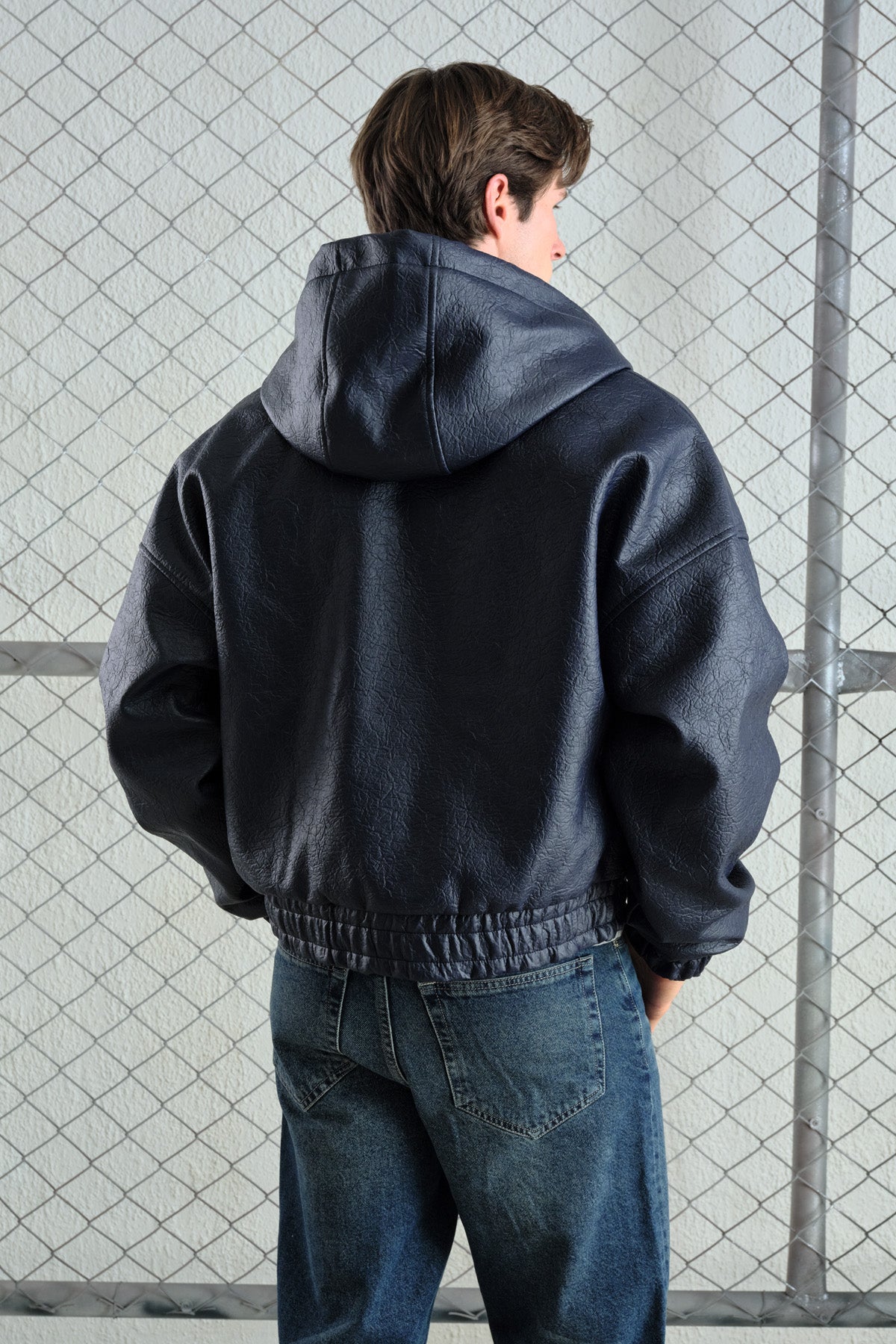 HOODED NAVY LEATHER JACKET - 4