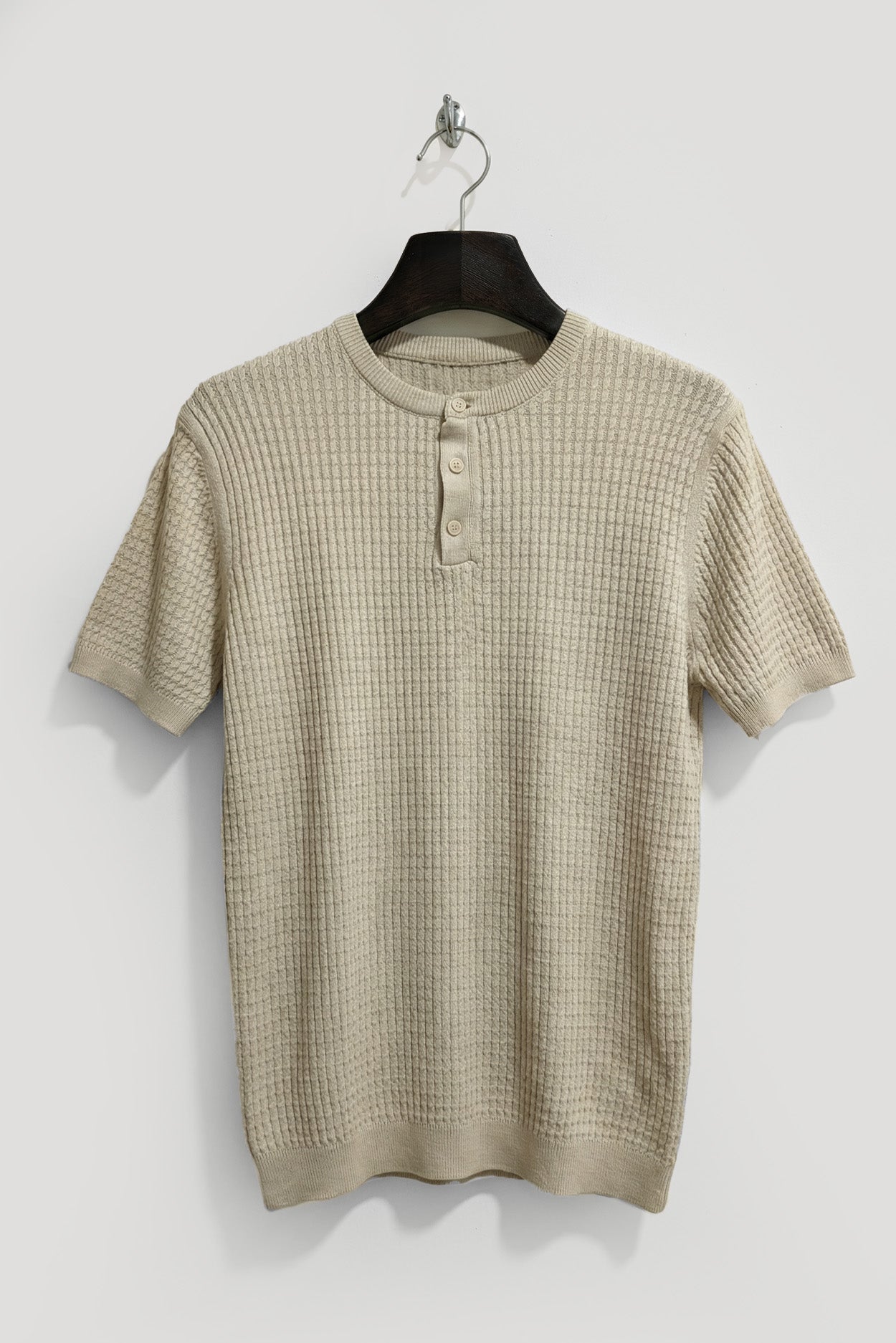TEXTURED CREW NECK BEIGE KNITTED T-SHIRT