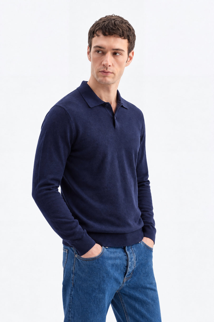 UZUN KOL POLO YAKA LACİVERT TRİKO T-SHIRT