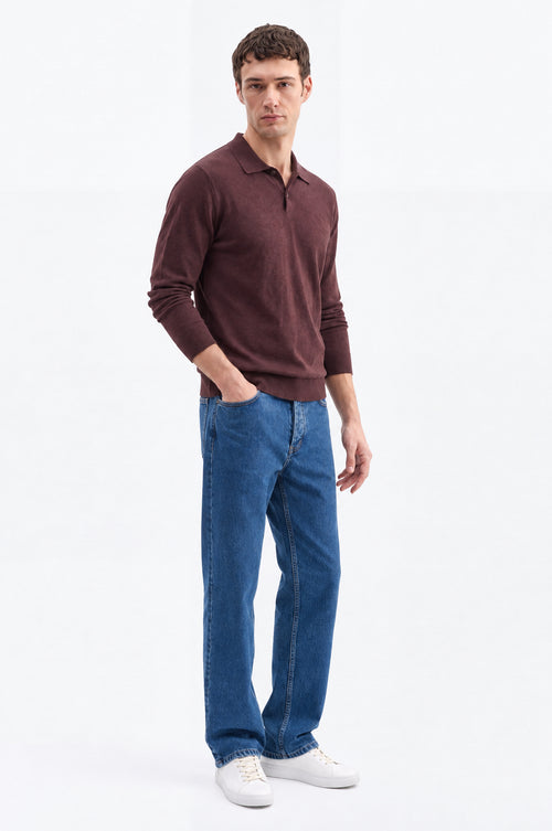 LONG SLEEVE POLO NECK BROWN KNIT T-SHIRT - 2