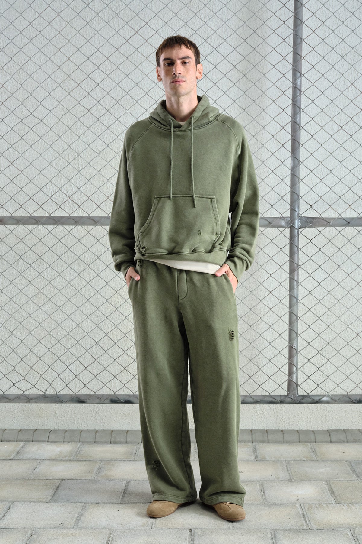 KHAKI SWEATSHIRT WITH DISTRESSED WASH