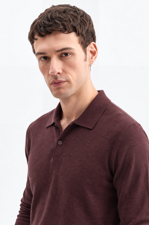 LONG SLEEVE POLO NECK BROWN KNIT T-SHIRT - 1