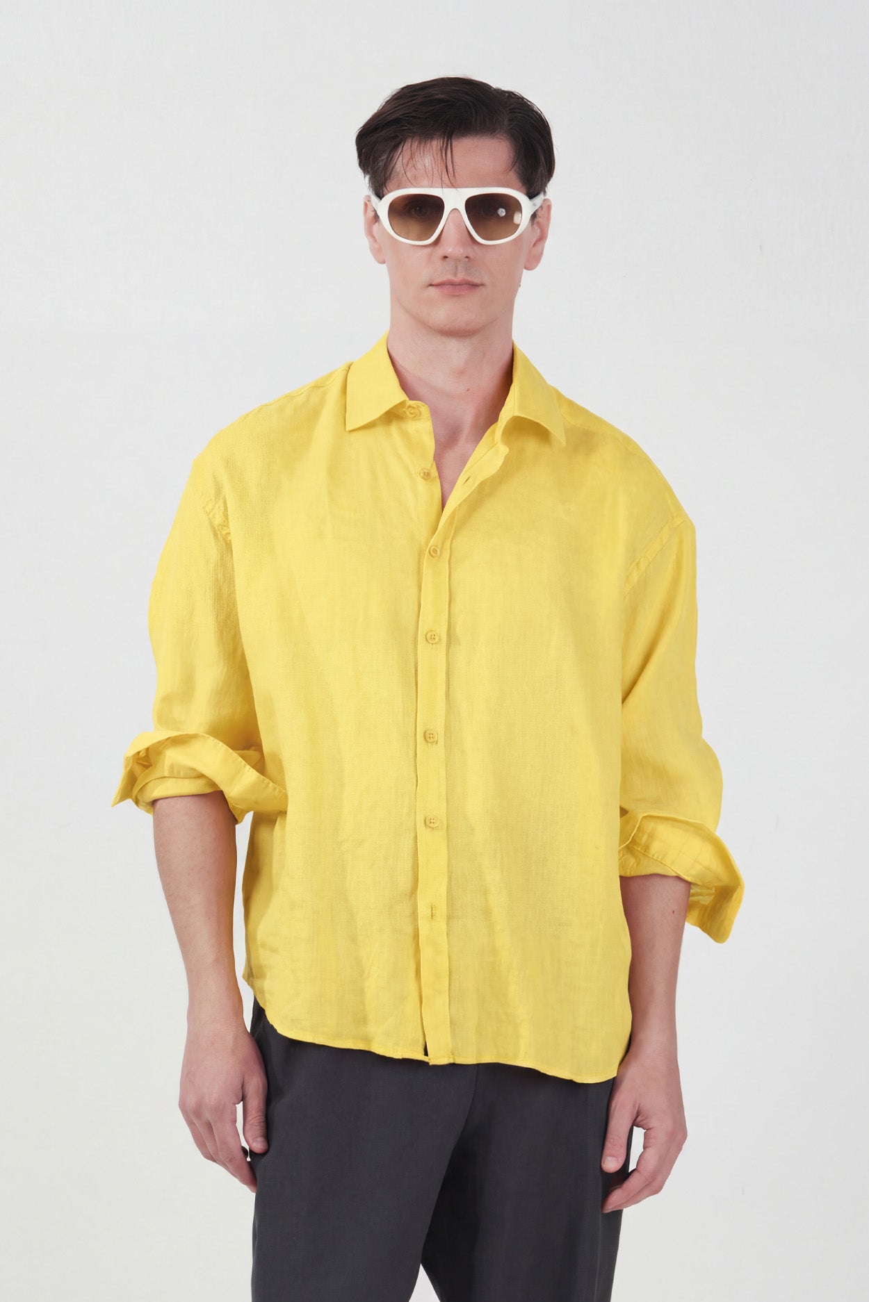 %100 KETEN OVERSIZE SARI GÖMLEK