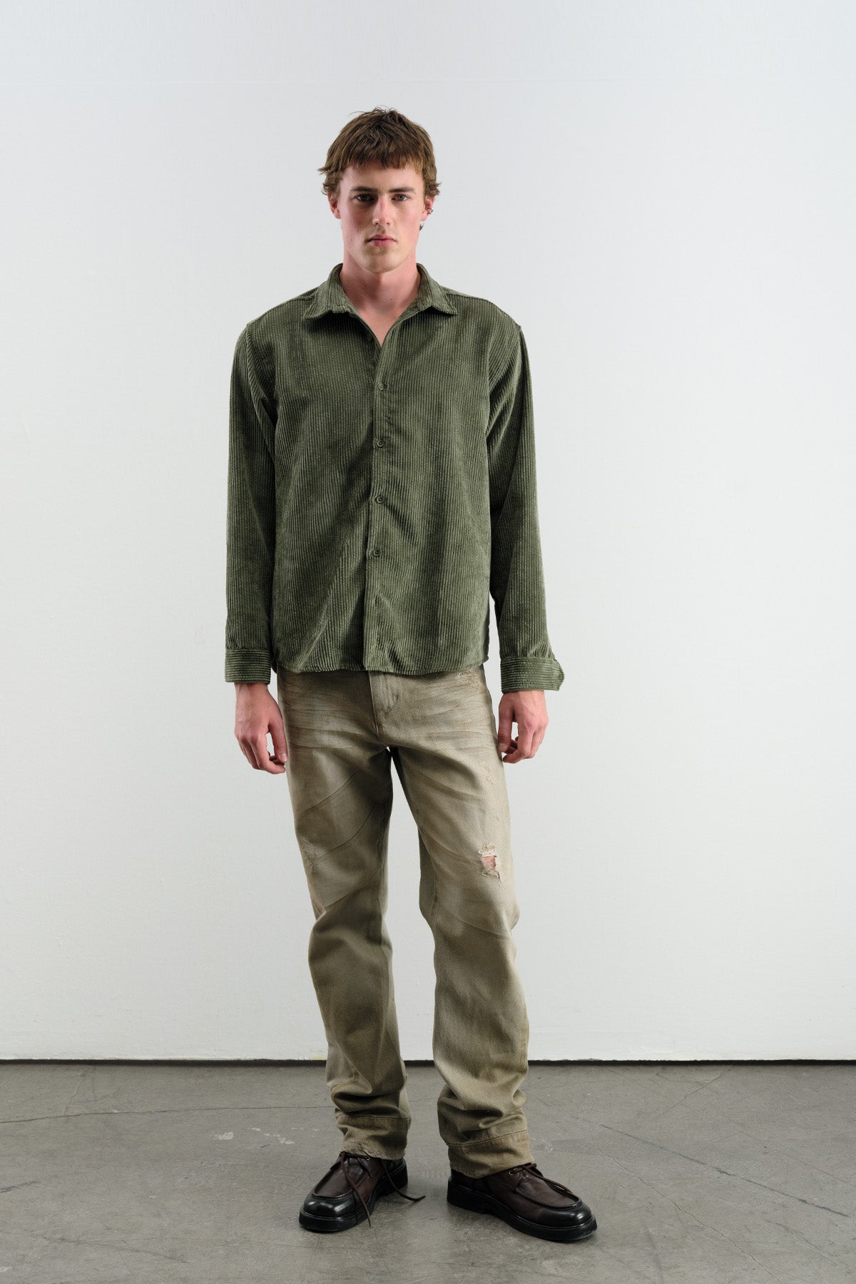 OVERSIZED DRAPED VELVET KHAKI SHIRT