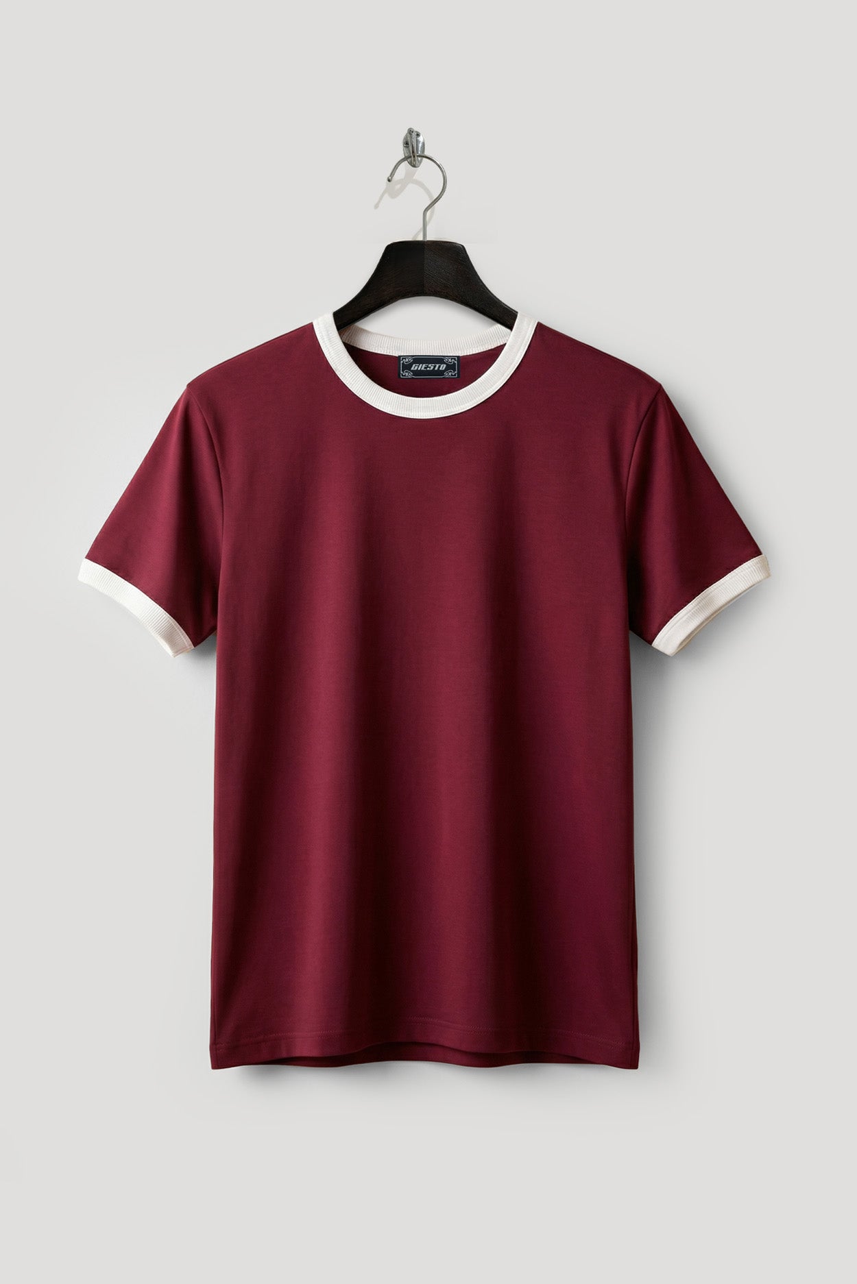 CONTRAST DETAIL CREW NECK BURGUNDY T-SHIRT