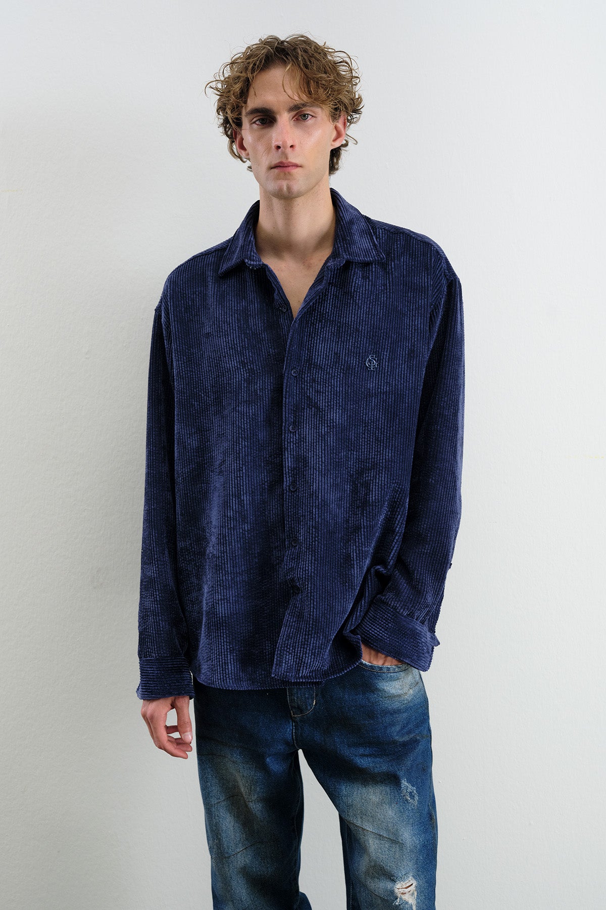 OVERSIZED DRAPED VELVET NAVY BLUE SHIRT