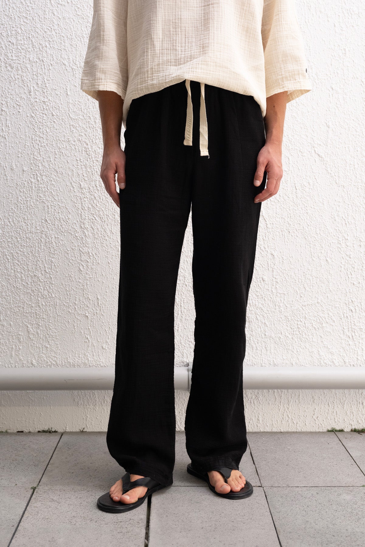 DRAPED LACE-UP DETAIL BLACK TROUSERS