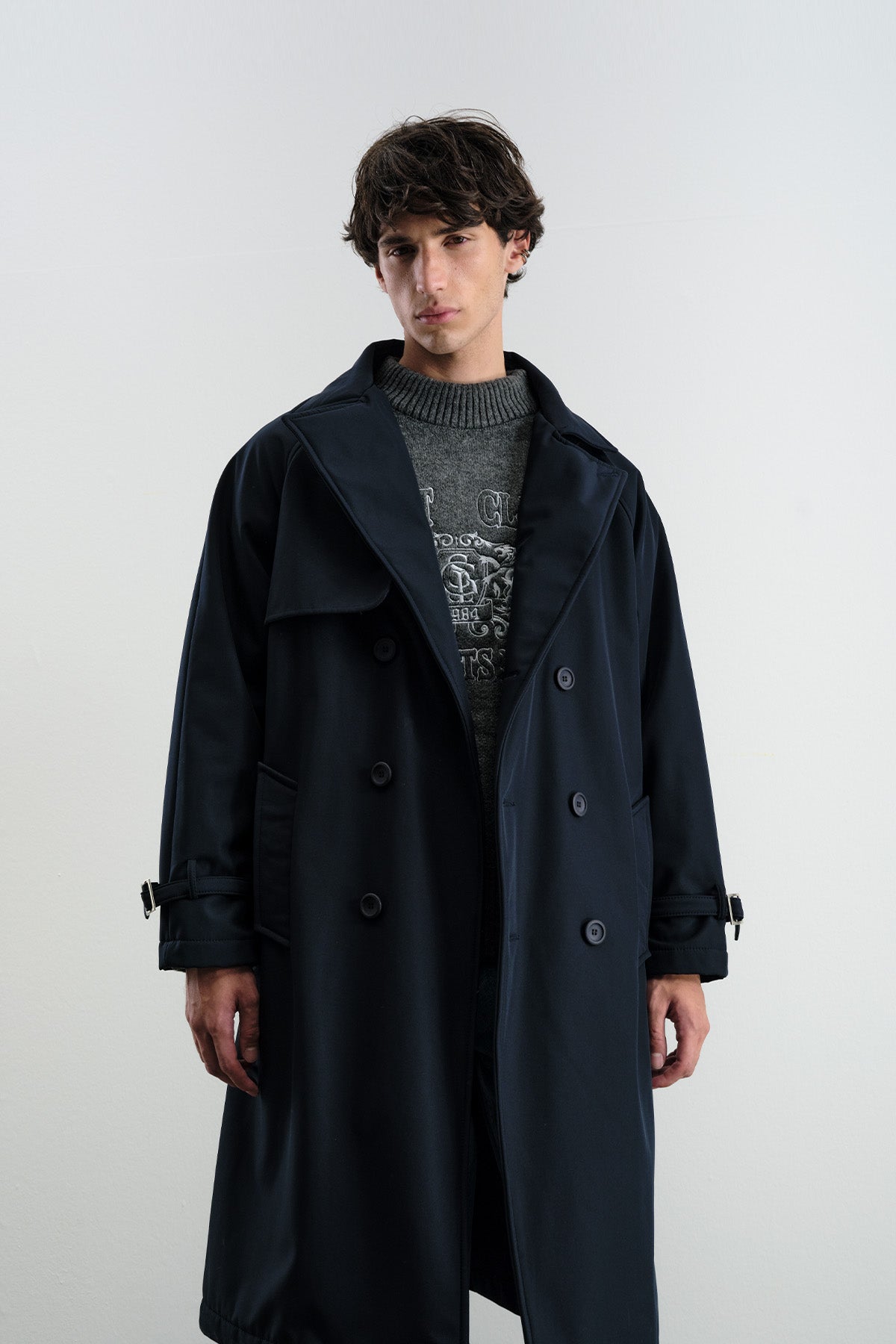 KEMERLİ KRUVAZE YAKA İÇİ POLARLI LACİVERT TRENÇKOT