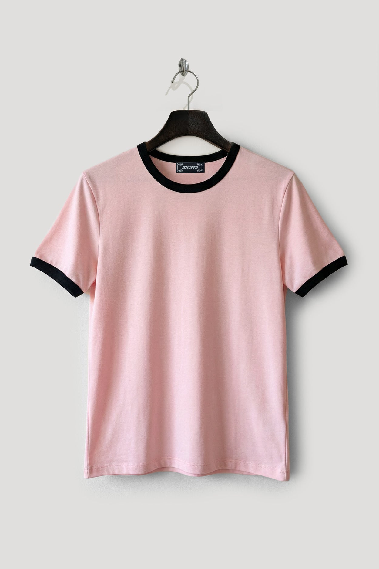 KONTRAST DETAYLI BİSİKLET YAKA PEMBE T-SHIRT