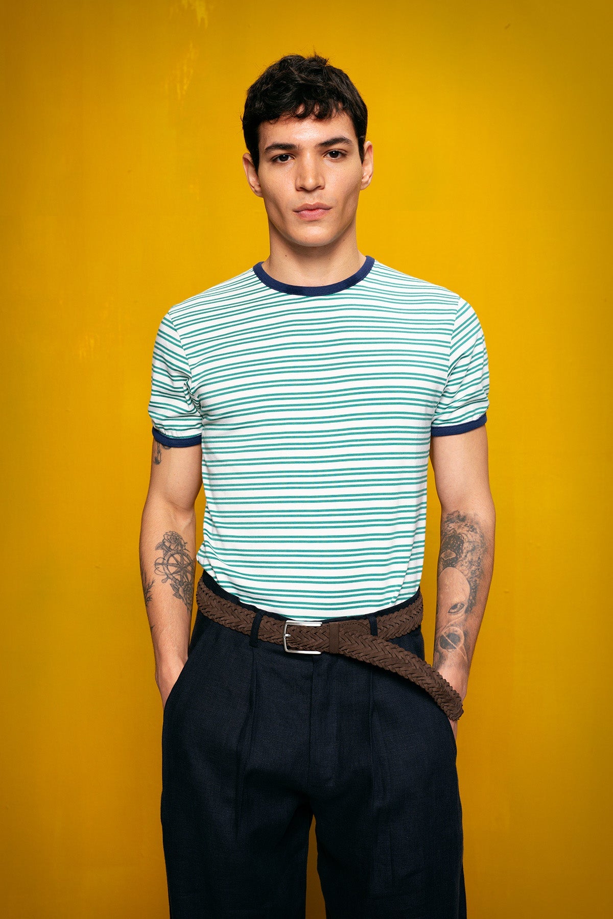 ÇİZGİLİ DAR KESİM YEŞİL T-SHIRT GIESTO