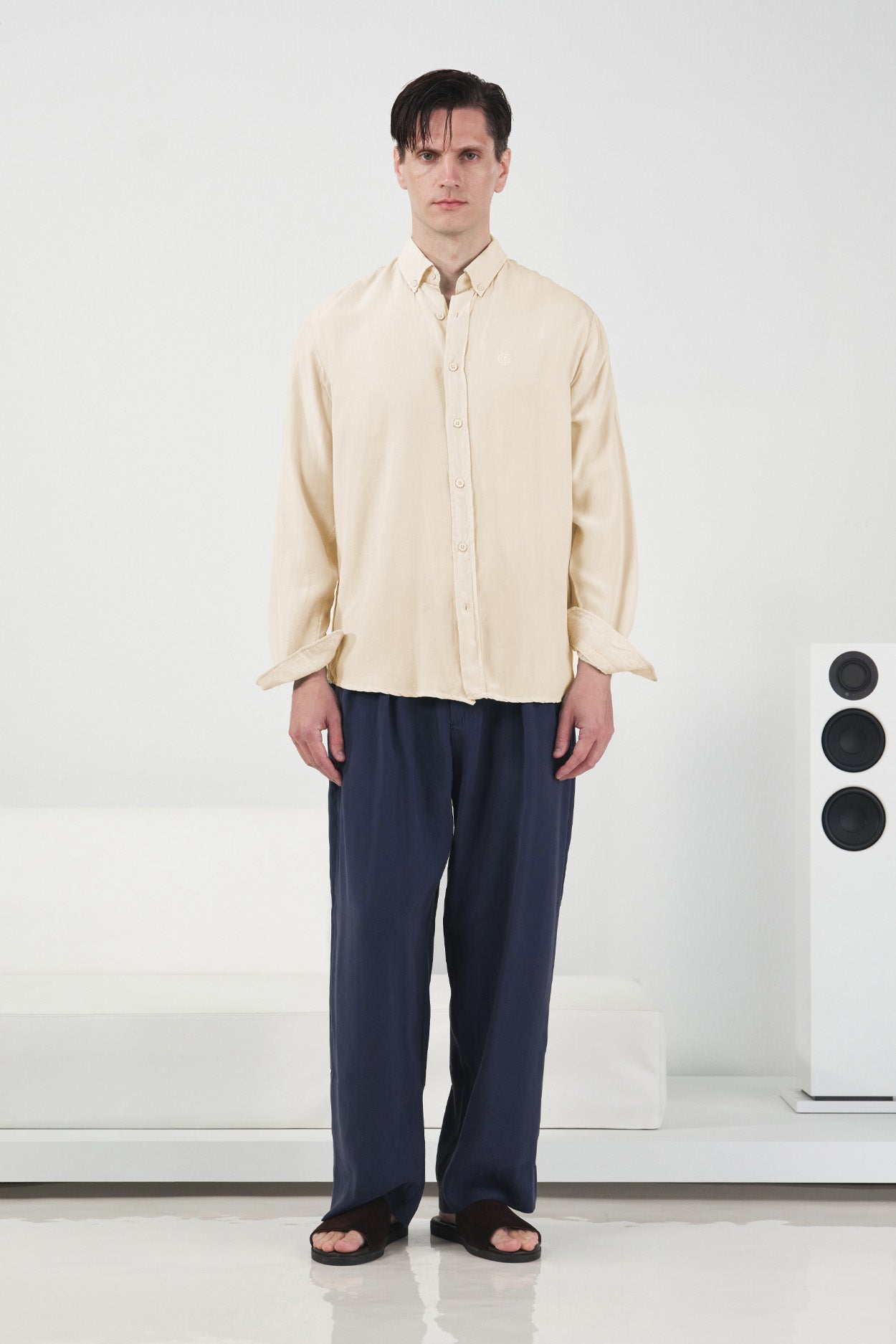 DRAPED REGULAR FIT BEIGE TENCEL SHIRT
