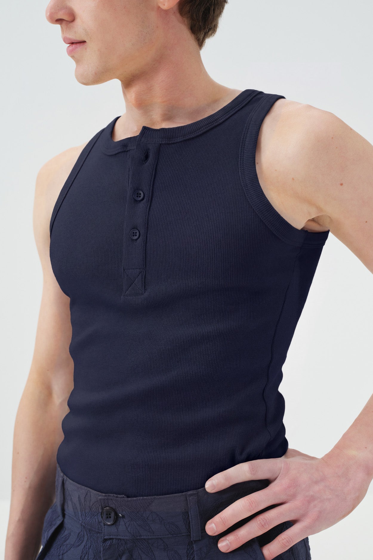 NAVY ATHLETIC SHIRT WITH HALF PLACKET