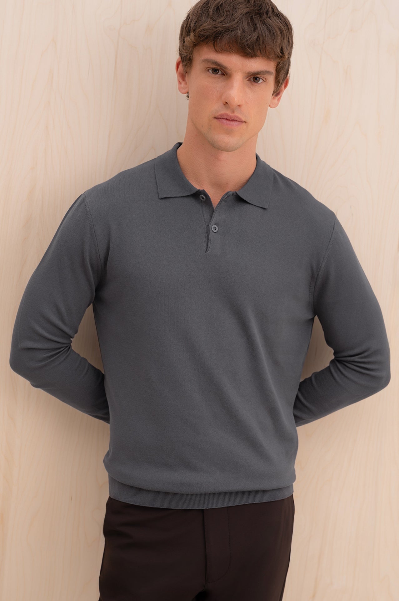 LONG SLEEVE POLO NECK ANTHRACITE KNITTED T-SHIRT