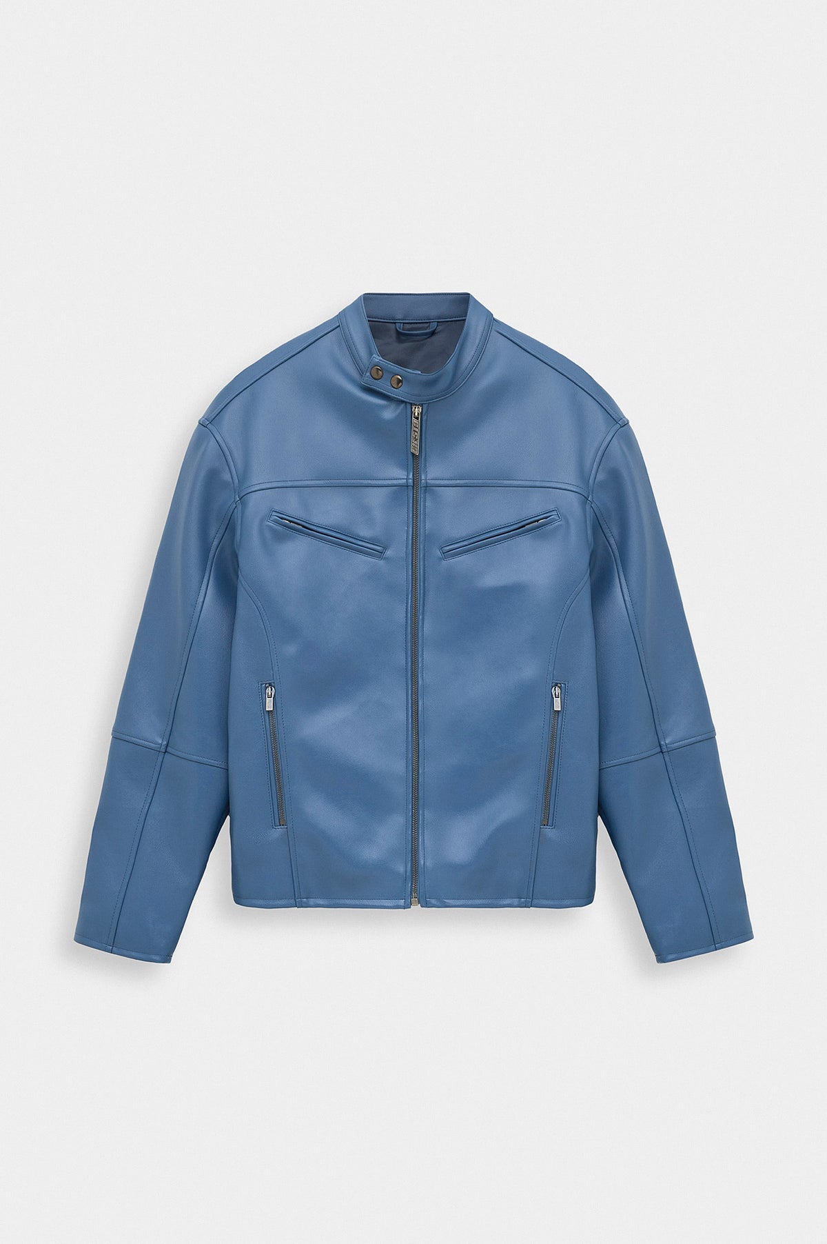 ZIP-UP PANELLED BLUE LEATHER JACKET - 4