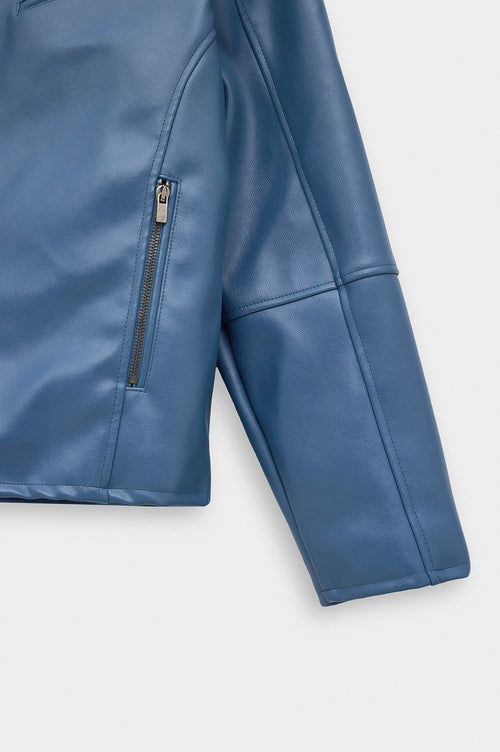 ZIP-UP PANELLED BLUE LEATHER JACKET - 5