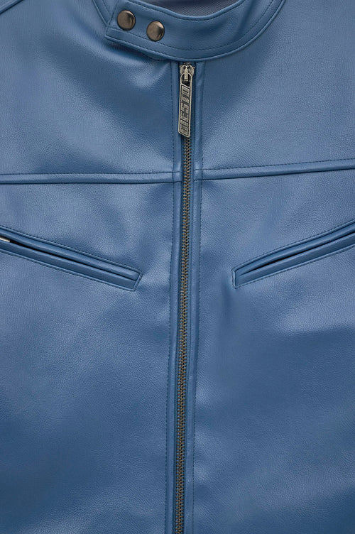 ZIP-UP PANELLED BLUE LEATHER JACKET - 6