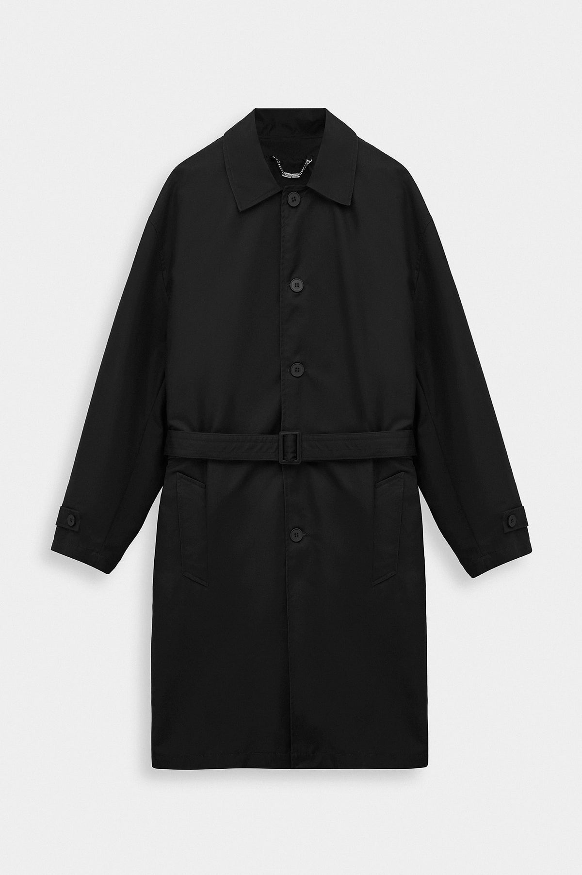 BELTED WAX-COATED BLACK TRENCH COAT - 1