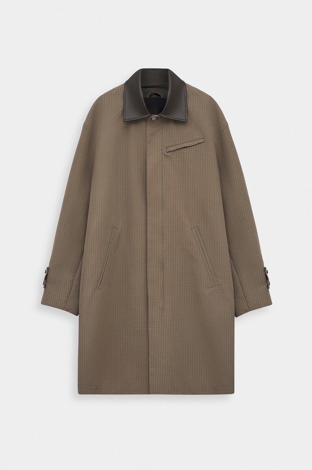 CHECKED CONTRAST COLLAR BROWN TRENCH COAT - 1