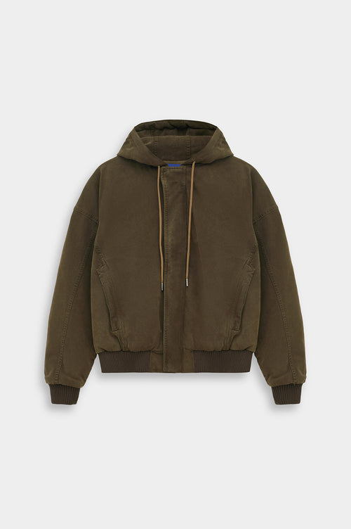 CANVAS HOODED KHAKI PUFFER JACKET - 1