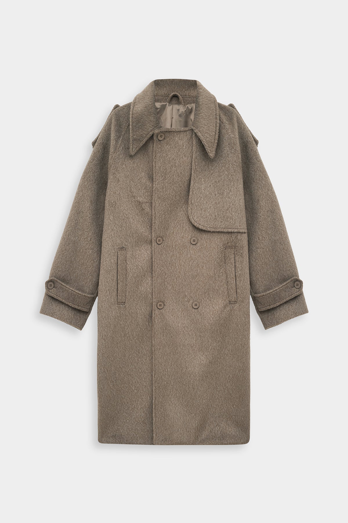 WIDE LAPEL DOUBLE-BREASTED TAUPE MELTON COAT - 1