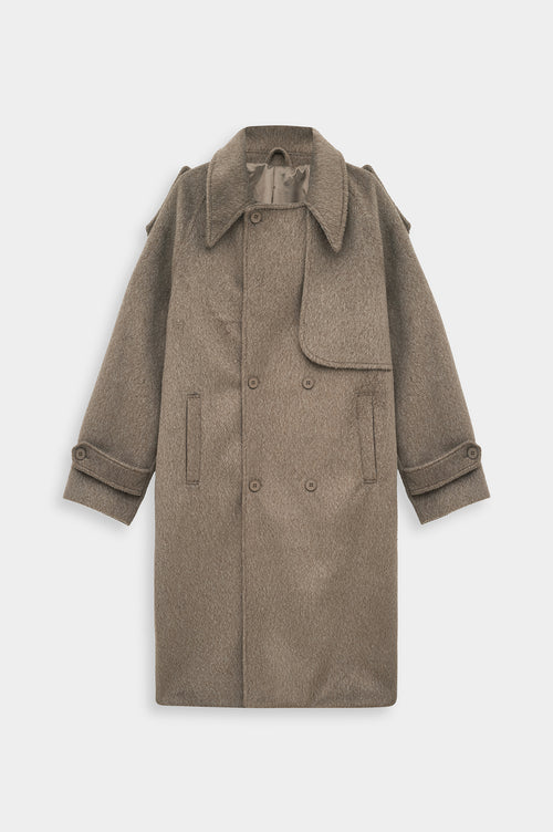 WIDE LAPEL DOUBLE-BREASTED TAUPE MELTON COAT - 1