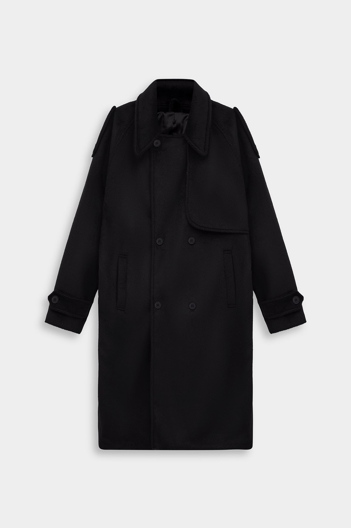 WIDE LAPEL DOUBLE-BREASTED BLACK MELTON COAT - 1