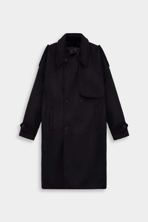 WIDE LAPEL DOUBLE-BREASTED BLACK MELTON COAT - 1