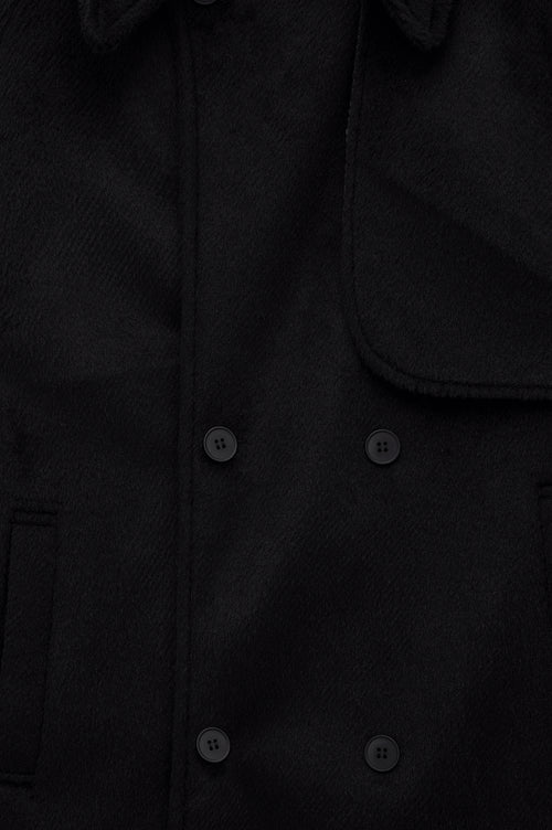 WIDE LAPEL DOUBLE-BREASTED BLACK MELTON COAT - 2