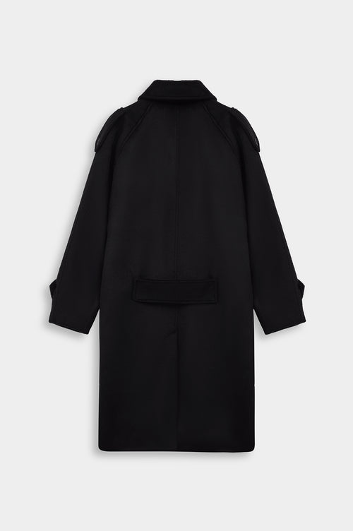 WIDE LAPEL DOUBLE-BREASTED BLACK MELTON COAT - 4