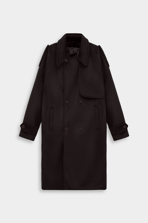 WIDE LAPEL DOUBLE-BREASTED BROWN MELTON COAT - 1