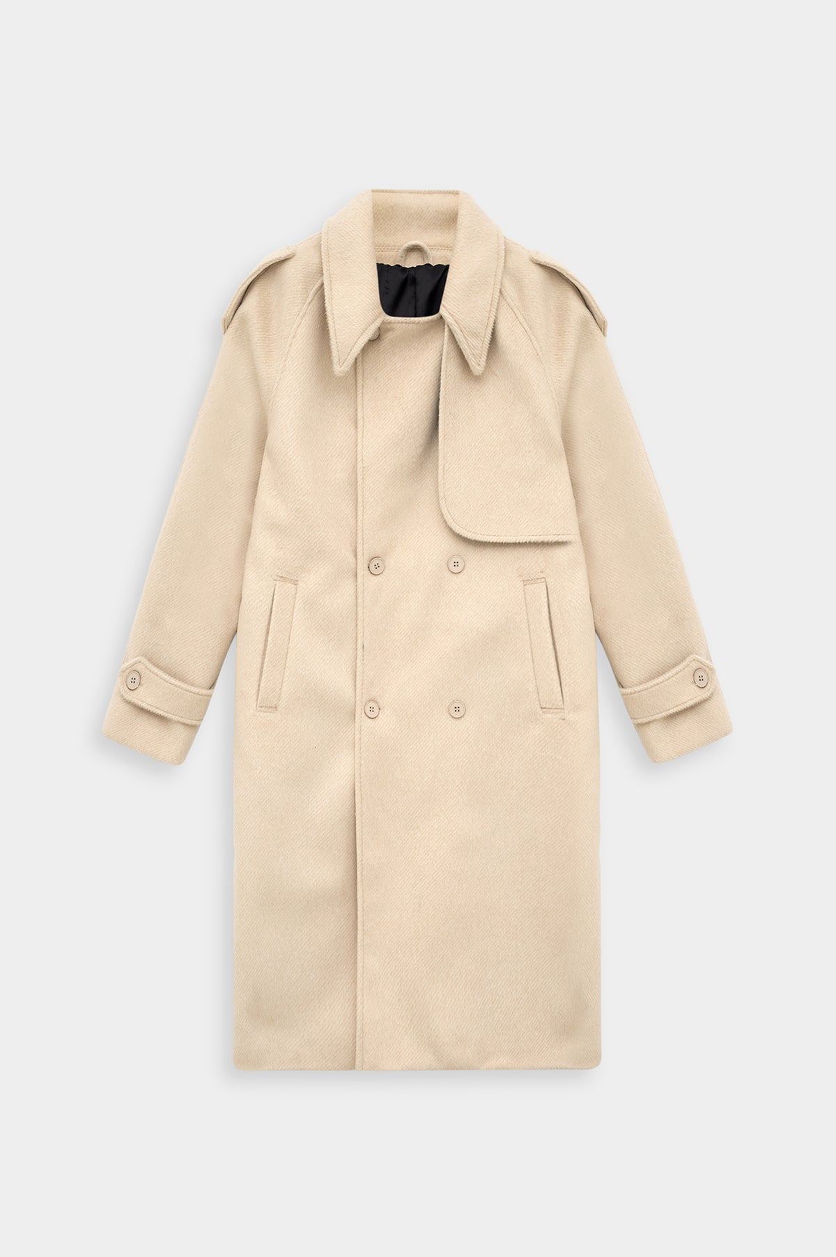 WIDE LAPEL DOUBLE-BREASTED BEIGE MELTON COAT - 1
