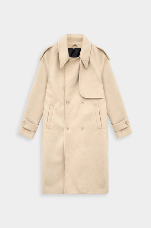 WIDE LAPEL DOUBLE-BREASTED BEIGE MELTON COAT - 1