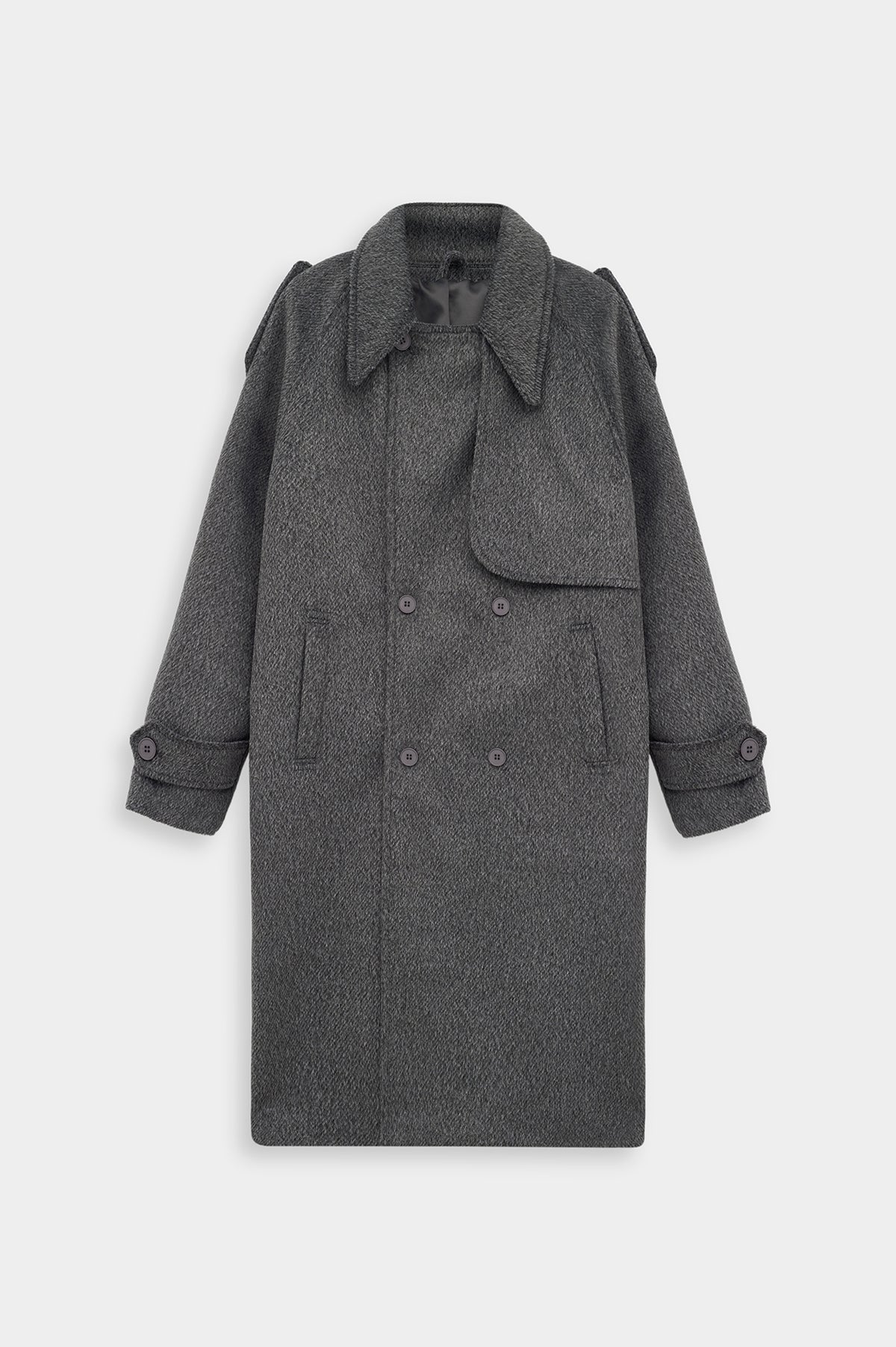 WIDE LAPEL DOUBLE-BREASTED ANTHRACITE MELTON COAT - 1