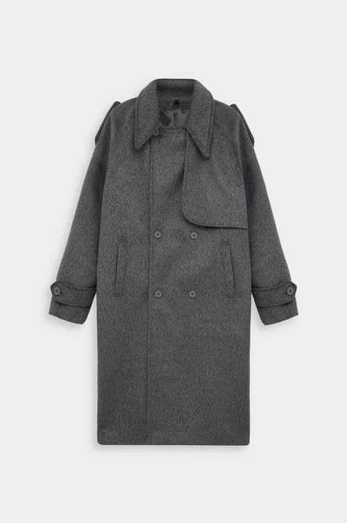 WIDE LAPEL DOUBLE-BREASTED ANTHRACITE MELTON COAT - 1