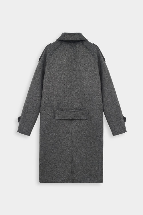 WIDE LAPEL DOUBLE-BREASTED ANTHRACITE MELTON COAT - 4