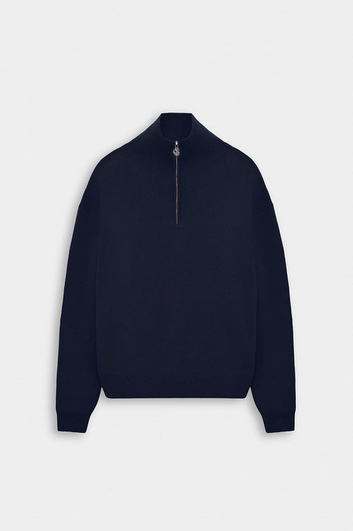 HALF-ZIP TURTLENECK NAVY KNIT SWEATER - 1