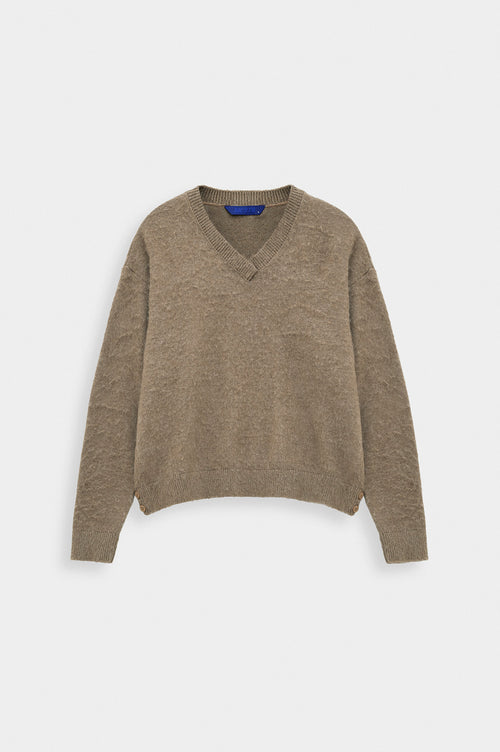 V NECK CROP FIT TAUPE KNIT SWEATER - 1