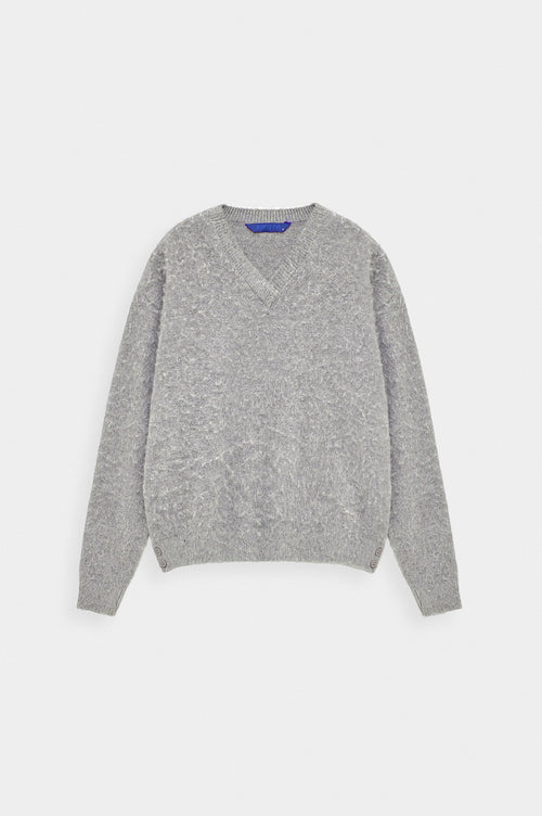 V NECK CROP FIT GREY KNIT SWEATER - 1
