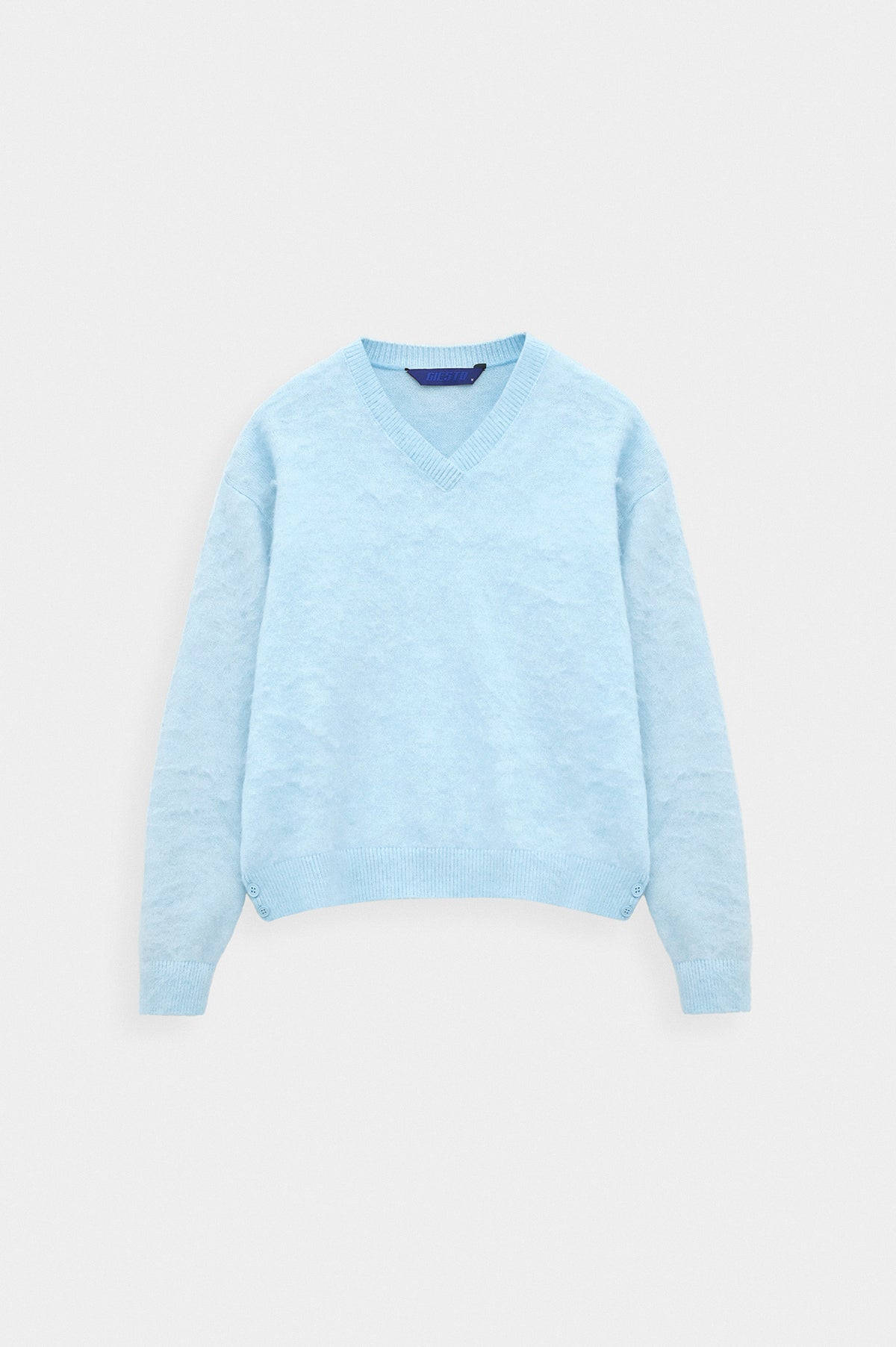 V NECK CROP FIT BLUE KNIT SWEATER - 1